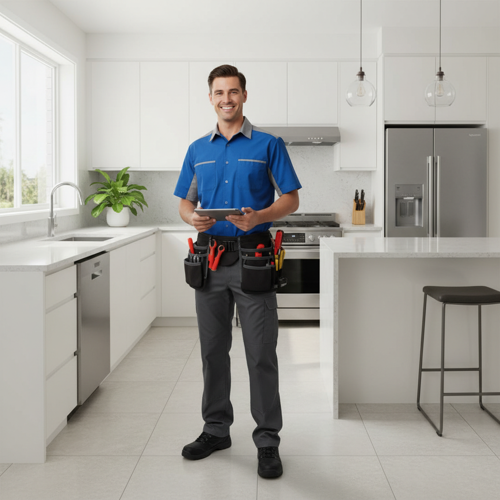 Smiling appliance repair technician in a modern kitchen