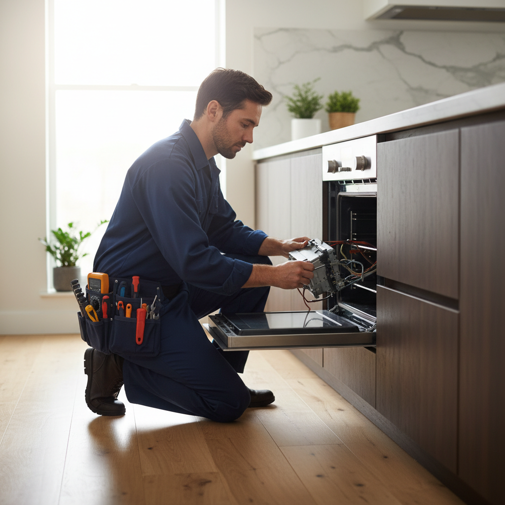 Technician repairing a Bosch-style built-in oven